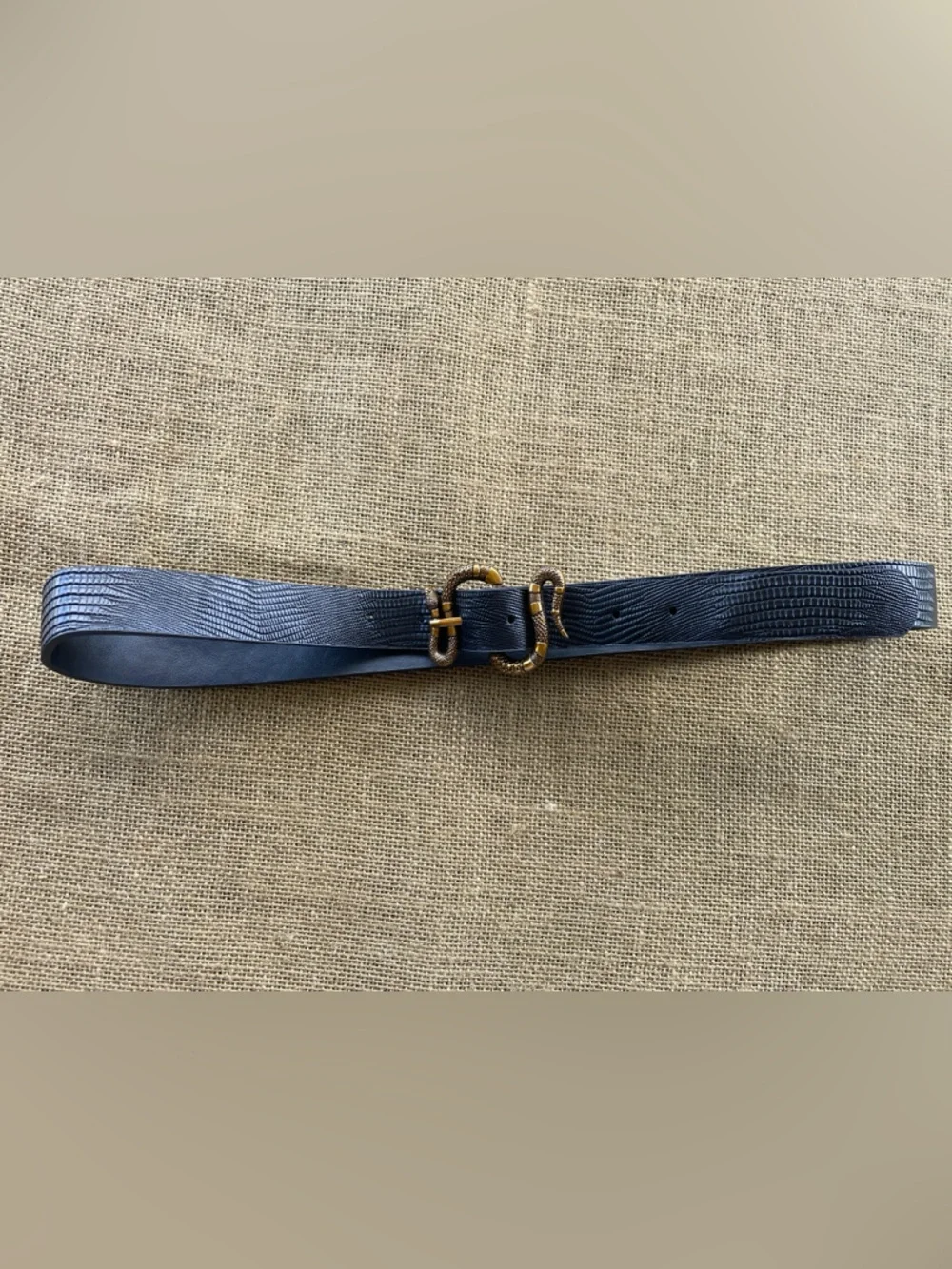 Faux Croc Textured Leather Belt with Gold-Tone Double Snake Buckle Accent